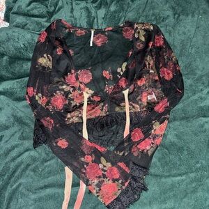 Free People Black and Red Floral Mesh Top